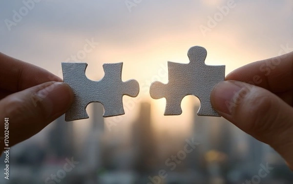 Fototapeta Two hands holding puzzle pieces to fit together with blur background of building. The concept of teamwork, partnership and solution. High quality