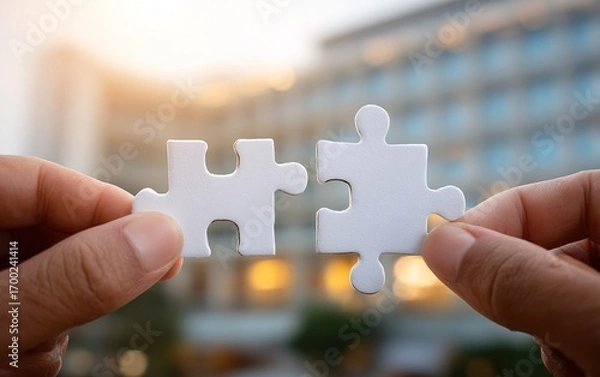 Fototapeta Two hands holding puzzle pieces to fit together with blur background of building. The concept of teamwork, partnership and solution. High quality