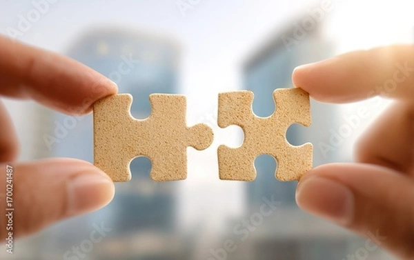 Fototapeta Two hands holding puzzle pieces to fit together with blur background of building. The concept of teamwork, partnership and solution. High quality