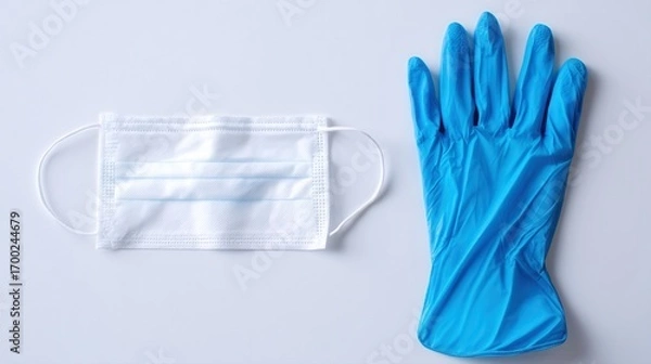 Fototapeta A white medical mask and a blue glove are displayed side by side, symbolizing health and safety precautions.