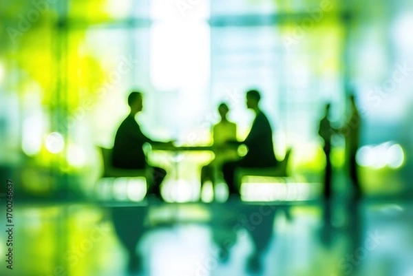 Fototapeta business people meeting at table. Abstract blurred office interior space background. green colors. Business concept. High quality