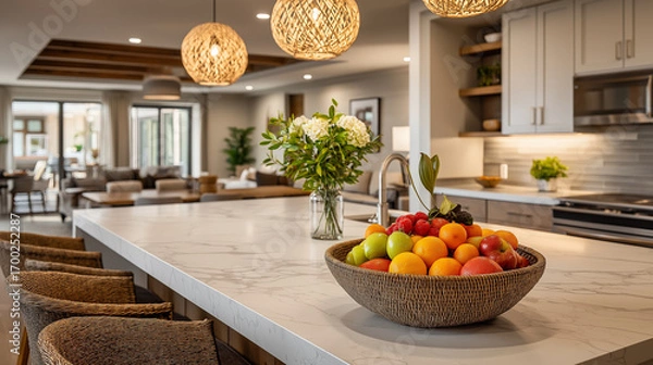 Fototapeta Modern Kitchen Interior: A modern kitchen area with stylish decorations that enhance the space and the food bowl is in the center of the room. it showcase fresh fruits in a bowl.