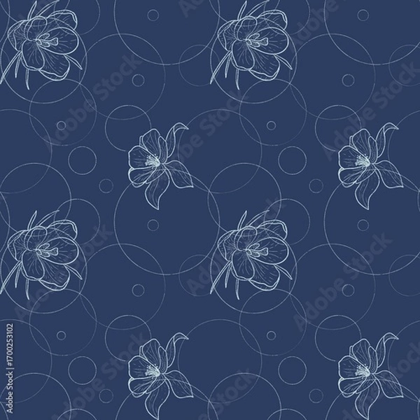 Obraz Seamless pattern flowers and circles with a white outline on a blue background