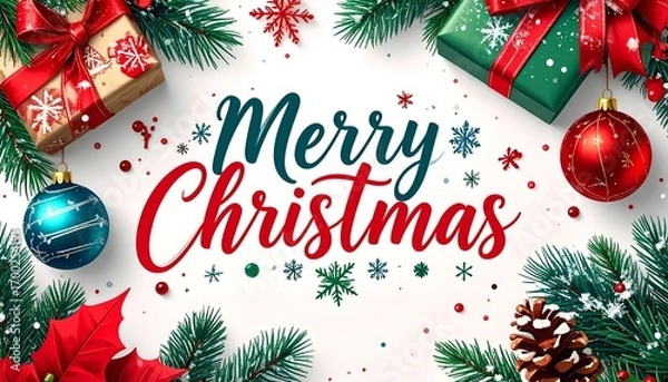 Fototapeta メリークリスマスの手書き風ロゴと飾り