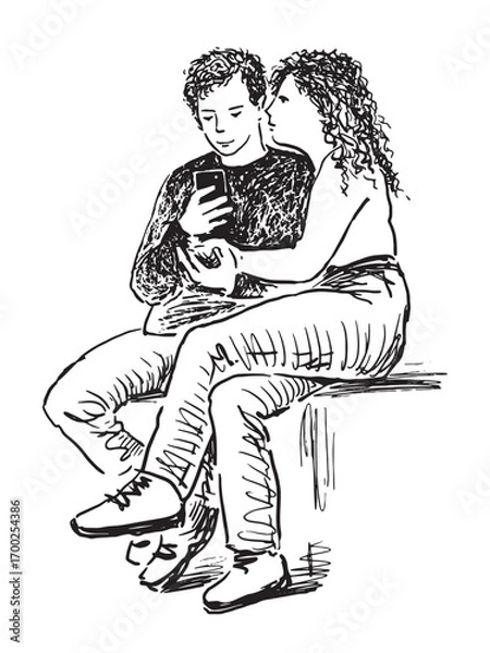 Fototapeta Couple young loving people using smartphone, sitting on park bench,  sketch, vector hand drawing, white background