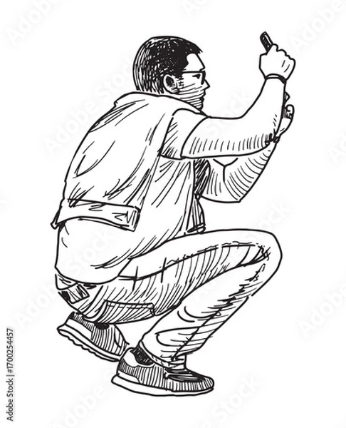 Fototapeta One young modern man photographing on smartphone, crouching, profile view, outdoors, realistic sketch, vector outline hand drawing, white background