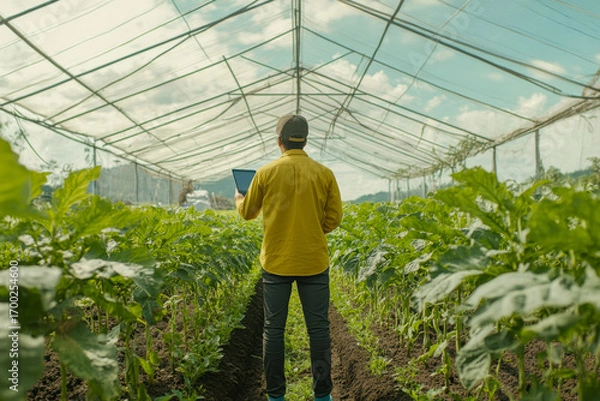 Fototapeta Bright sunlight illuminates a farmer standing among vibrant green crops inside a large protective greenhouse, using a digital tablet for smart agricultural management.