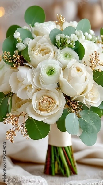 Fototapeta Elegant bouquet of white roses and greenery in soft natural light
