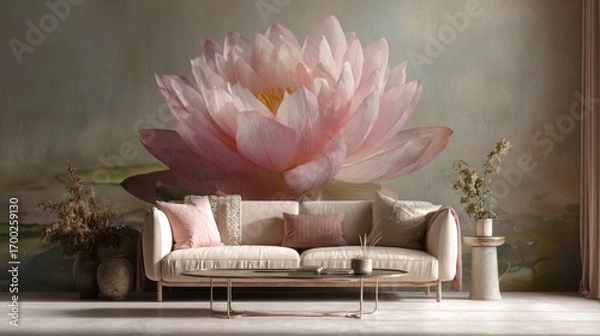 Fototapeta Living room with a large pink lotus mural behind a neutral sofa and coffee table