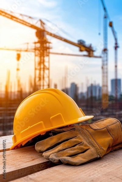 Fototapeta A construction site featuring a yellow hard hat and gloves, with cranes and a city skyline in the background during sunset.