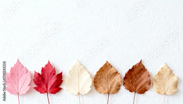 Fototapeta Autumn leaves lined at bottom edge with clean white background for design