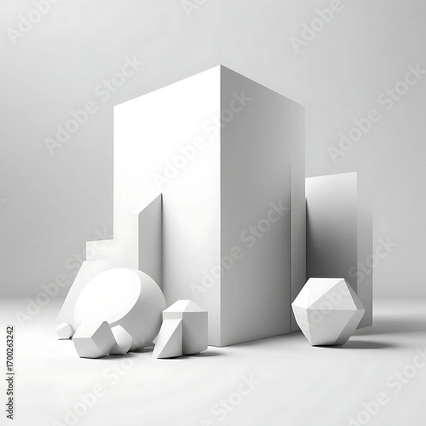 Fototapeta Minimalist abstract composition of white geometric shapes and organic forms on a clean background