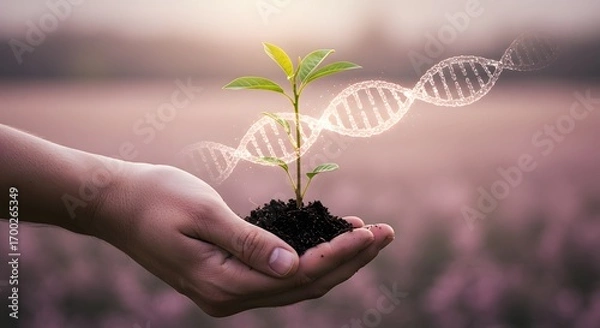 Fototapeta A hand holding a sapling with a DNA double helix, symbolizing the science of agriculture and biotechnology