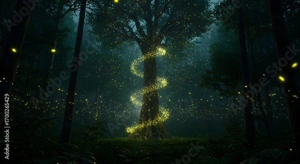 Fototapeta Mystical Forest Spiraling Light Around Ancient Tree in Enchanted Woods at Night