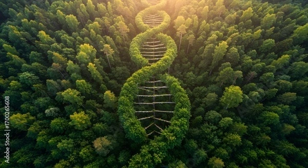 Fototapeta Conceptual art of a lush green forest from an aerial view, with trees forming the shape of a DNA double helix, symbolizing life's genetic code