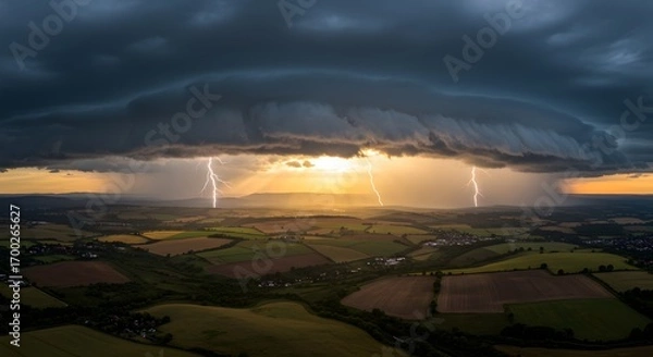 Fototapeta Breathtaking aerial perspective of a severe thunderstorm with multiple lightning strikes illuminating the countryside during a vibrant sunset