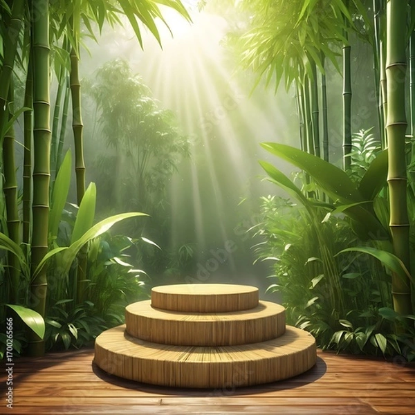 Fototapeta Serene bamboo forest podium bathed in golden sunlight rays for product display
