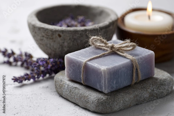 Fototapeta Organic bar of homemade soap tied with twine, Levander flowers around and lit candle. Natural environmentally friendly hygiene.