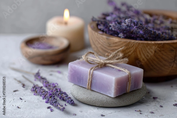 Fototapeta Organic bar of homemade soap tied with twine, Levander flowers around and lit candle. Natural environmentally friendly hygiene.