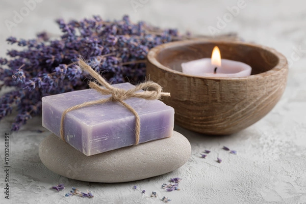 Fototapeta Organic bar of homemade soap tied with twine, Levander flowers around and lit candle. Natural environmentally friendly hygiene.