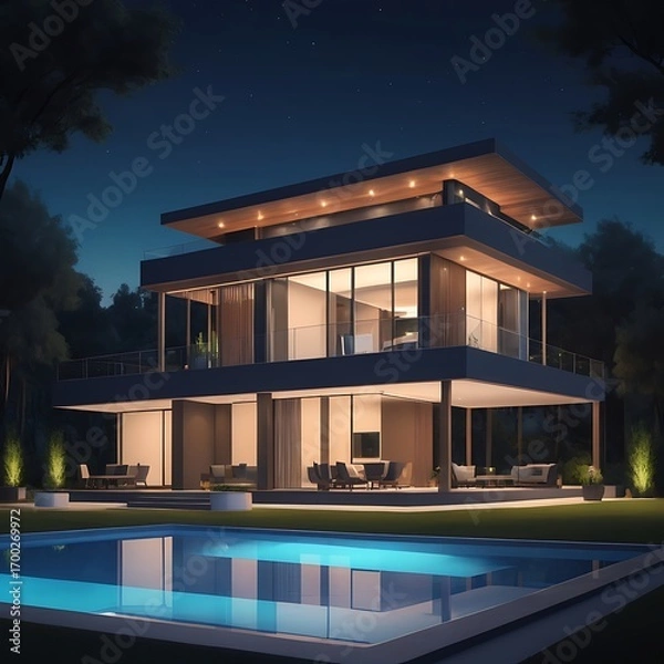 Fototapeta Modern luxury home with illuminated pool and architectural lighting at dusk