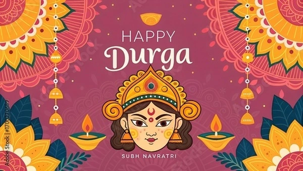 Fototapeta Navratri Background vector illustration. Maa Durga with copy space on red pattern background