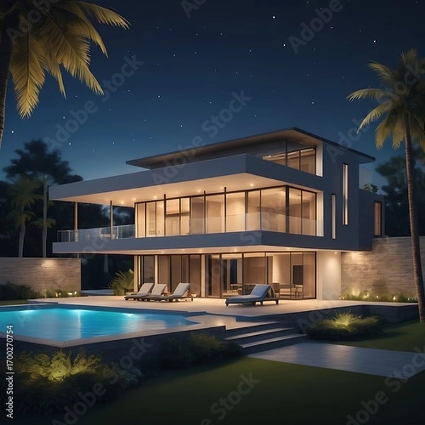 Fototapeta Luxurious modern villa with swimming pool and palm trees at night