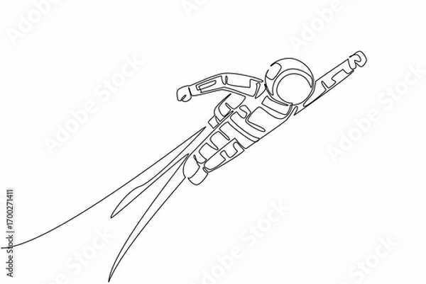 Fototapeta Single one line drawing astronaut flying using jetpack. Technology that makes things easier. Collecting data faster. The cosmonaut. National Astronaut Day. Continuous line design graphic illustration