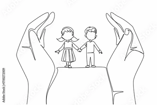 Fototapeta Continuous one line drawing adult hands are bent and a boy and a girl are holding hands in the middle. Symbolism of protecting children. Day of Children. Single line draw design vector illustration