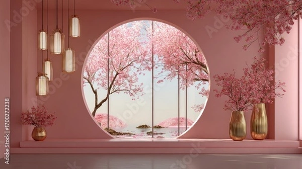 Fototapeta Pink room with a round window looking out to cherry blossoms on water