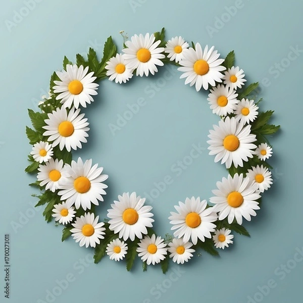 Fototapeta Beautiful wreath of white daisies and green leaves arranged in a circle on a soft blue background