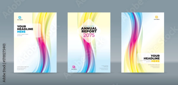 Obraz Editable vector A4 book cover templates with vertical bold dynamic colorful wave designs on a bright white background for professional annual report, magazine, booklet, proposal, portfolio, brochure