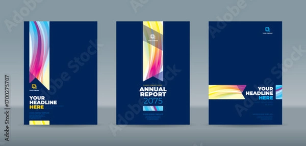 Obraz Editable vector A4 book cover templates with bold dynamic colorful wave designs on dark blue background for professional annual report, magazine, booklet, proposal, portfolio, brochure, poster