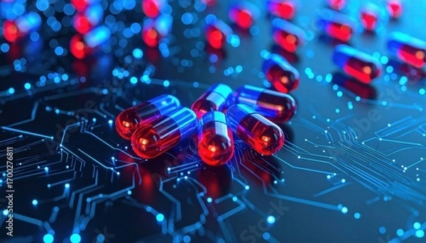 Fototapeta A vibrant digital composition featuring red and blue capsules on a circuit board background, blending technology and healthcare themes.