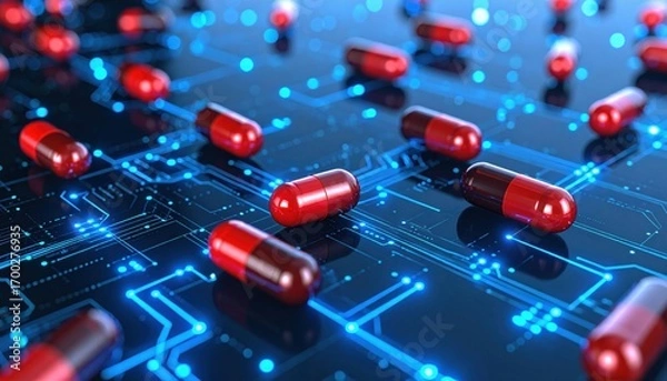 Fototapeta A futuristic scene featuring red capsules scattered over a blue circuit board, symbolizing the intersection of medicine and technology.