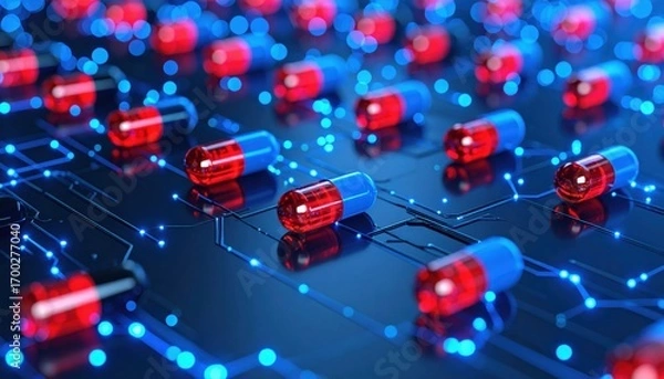 Fototapeta A vibrant digital representation featuring red and blue capsules on a circuit-like background, symbolizing technology and health integration.