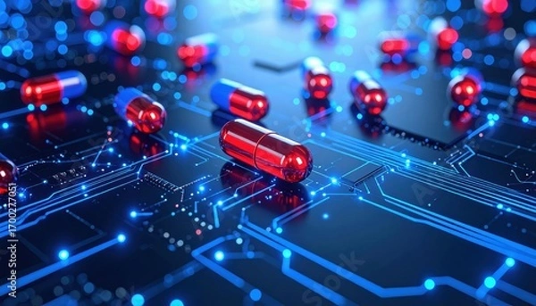 Fototapeta A futuristic digital landscape featuring red capsules on a circuit board, symbolizing the intersection of technology and healthcare.