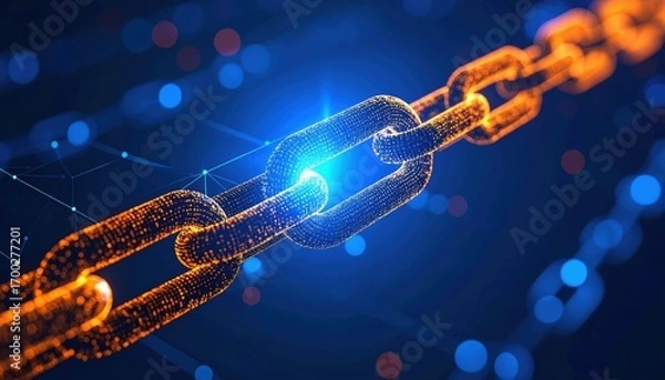 Fototapeta A digital representation of a glowing chain link, symbolizing connectivity and technology in a vibrant, blue and orange color scheme.