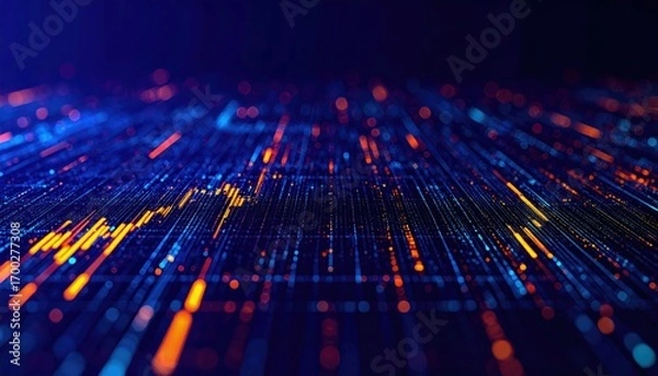 Fototapeta A vibrant abstract representation of digital data streams, showcasing a mix of blue, orange, and purple hues against a dark background.