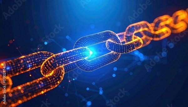 Fototapeta A glowing digital chain link against a blue background, symbolizing connection and technology, with vibrant colors representing data flow.