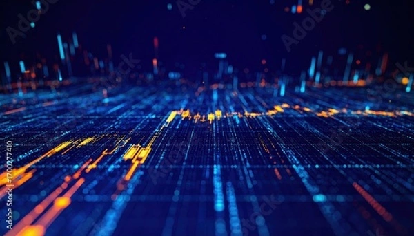 Fototapeta A vibrant digital landscape depicting flowing data streams in blue and orange, representing technology and information visualization.