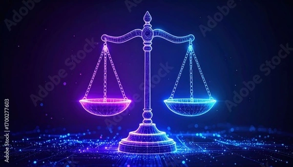 Fototapeta A digital representation of a balanced scale, illuminated in vibrant colors against a dark background, symbolizing justice and fairness.