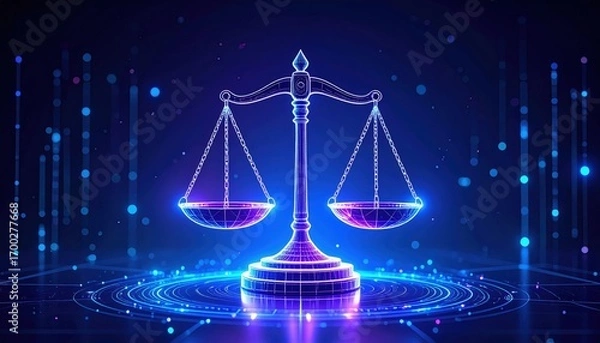Fototapeta A digital illustration of balanced scales symbolizing justice, surrounded by glowing lines and circles in a futuristic blue theme.