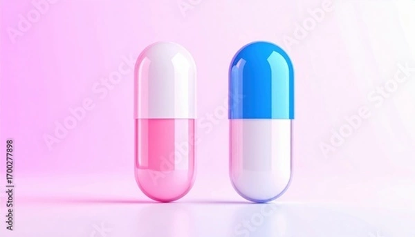 Fototapeta A vibrant image featuring two capsules, one pink and one blue, set against a soft gradient background, symbolizing health and well-being.