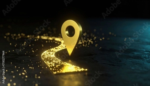 Fototapeta A golden location pin glows along a shimmering pathway, creating a magical, inviting ambiance in a dark setting.