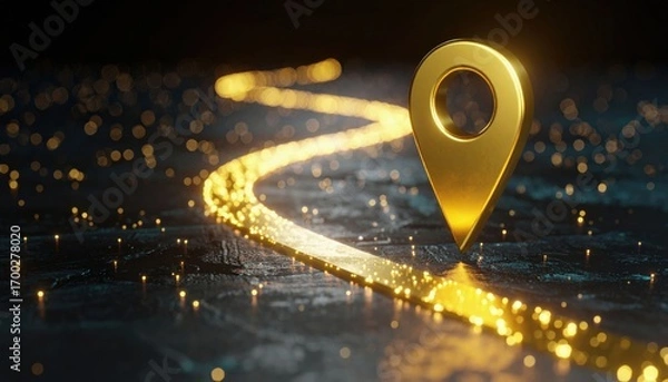 Fototapeta A glowing golden location pin is set against a dark, textured background, with shimmering lights creating a winding path.