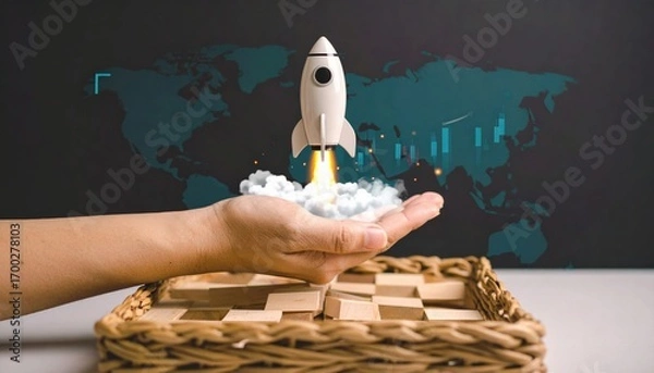 Fototapeta A hand holds a rocket launching amid clouds, with a digital world map backdrop, symbolizing innovation and new beginnings in technology.