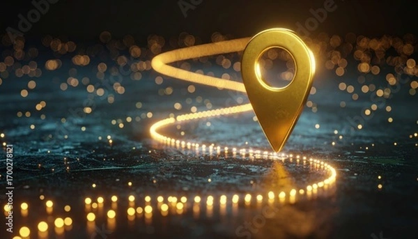 Fototapeta A glowing location pin on a shimmering surface, symbolizing navigation and connectivity in a digital environment.