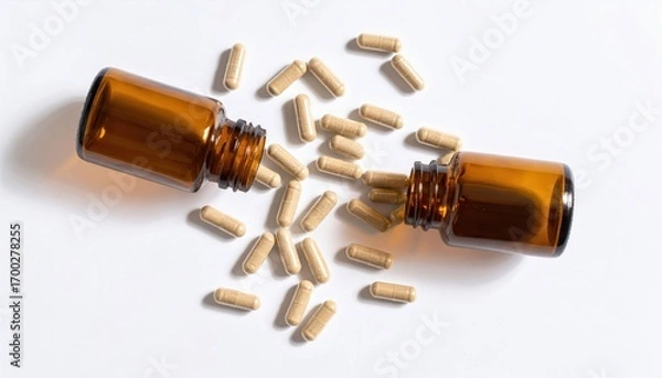 Fototapeta Two brown bottles spill capsules, highlighting health supplements on a clean surface, emphasizing wellness and natural remedies.