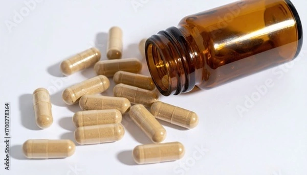 Fototapeta A bottle of capsules is tipped over, spilling beige-colored capsules on a white surface, suggesting a focus on health or supplements.